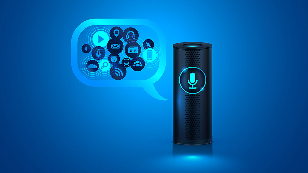 smart speaker with apps on blue background