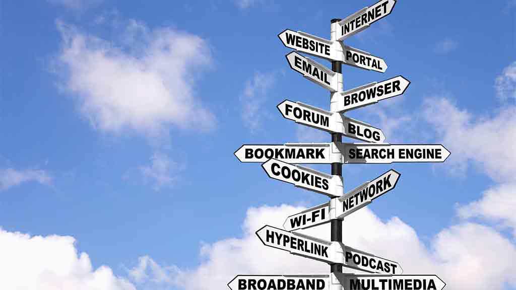 internet term street sign pointing in many directions