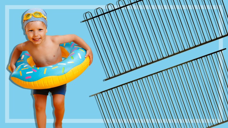 pool fences and boy in swimming gear