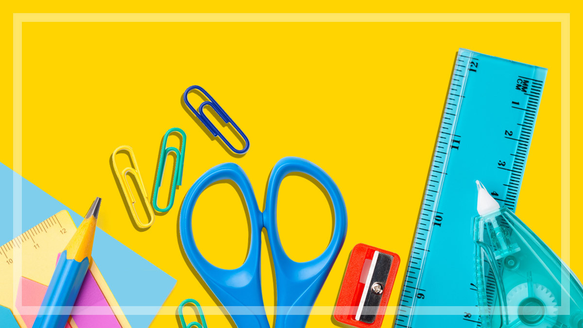 back to school supplies on yellow