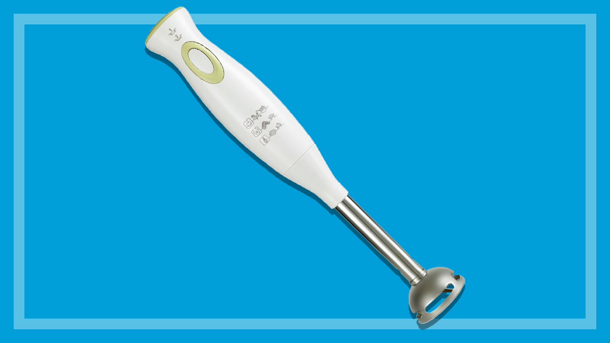 white stick blender on a blue background