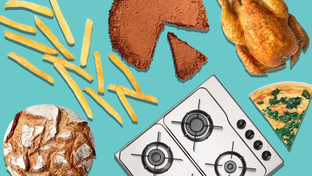 cooktop with cake, chicken, french fries, pizza and bread