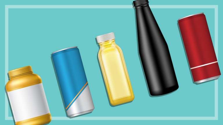 several bottles and cans of nootropic drinks on a grey background