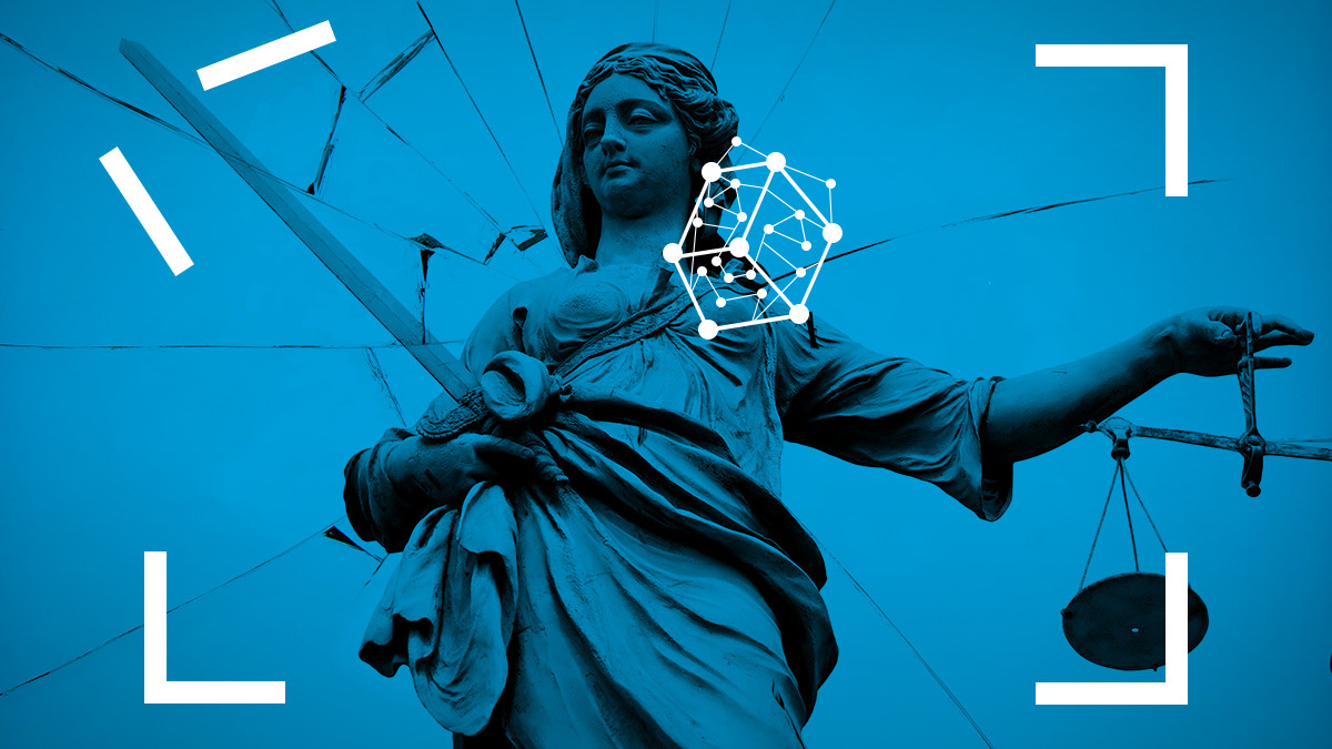 scales of justice with facial recognition frame overlay