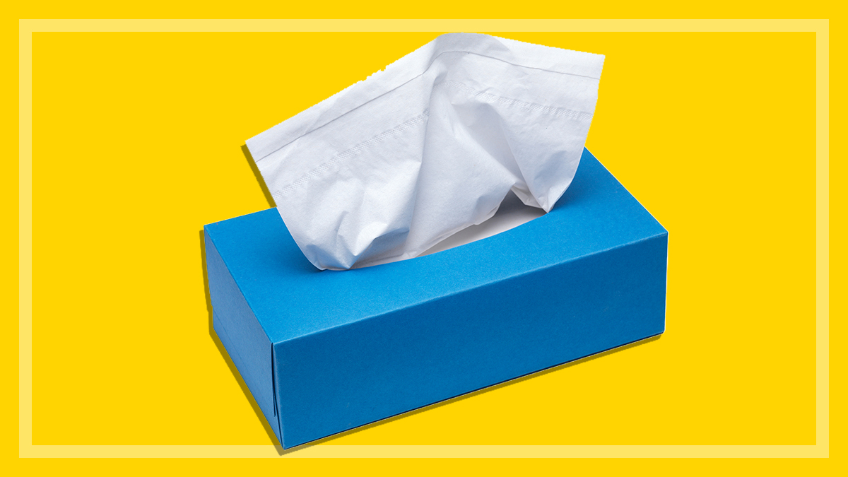 blue box of tissues on a yellow background