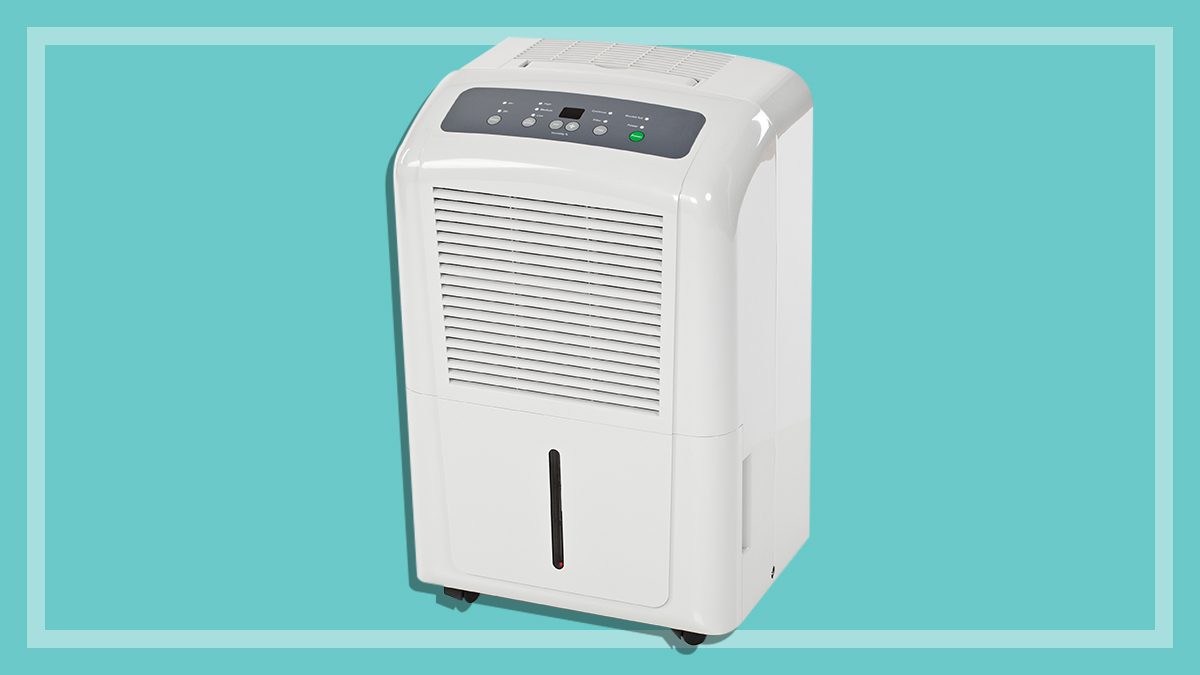 white dehumidifier on a teal background