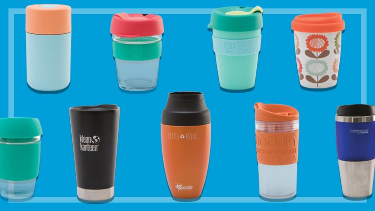 Nine reusable coffee cups from KeepCup, Avanti, Cheeki, Thermos and more on a blue background
