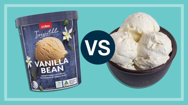 store bought icecream vs homemade icecream bowl on teal
