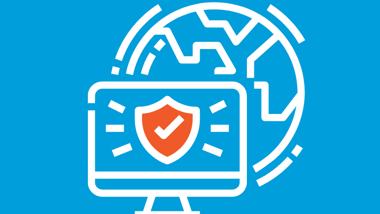 A computer screen displaying a shield and tick mark, in front of a globe