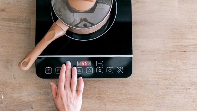 a portable induction cooktop heating up on a bench
