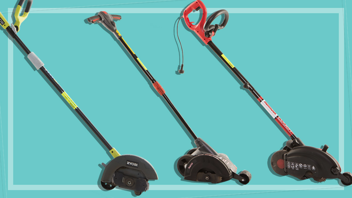 three lawn edgers on a teal background