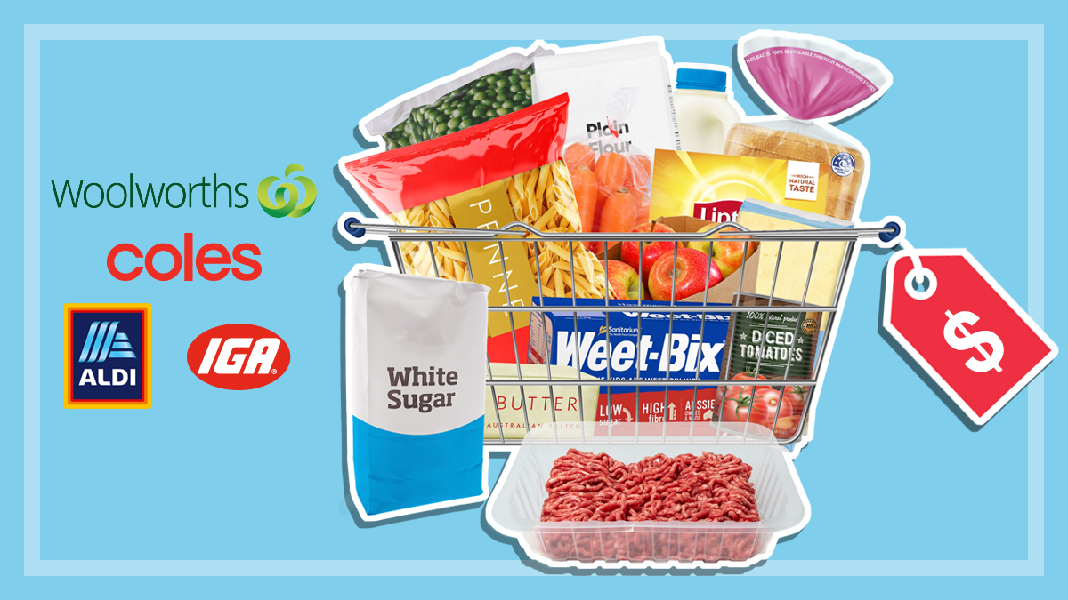 fourteen supermarket products in and around wire basket with price tag and logos