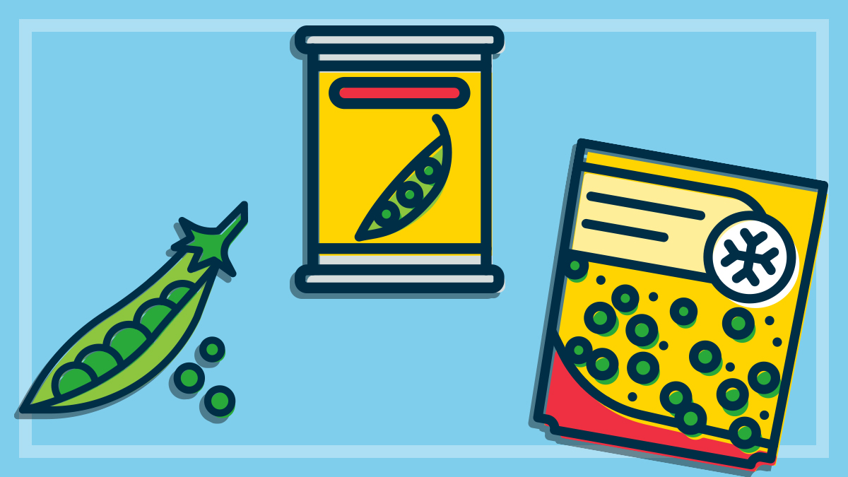 illustration of a pea pod a can of peas and a pack of frozen peas