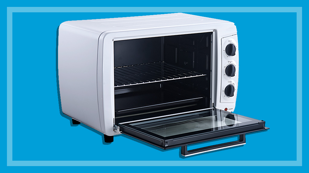 white toaster oven with door open