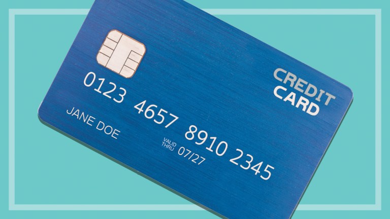 a dark blue credit card with fake numbers and the name Jane Doe on a teal background