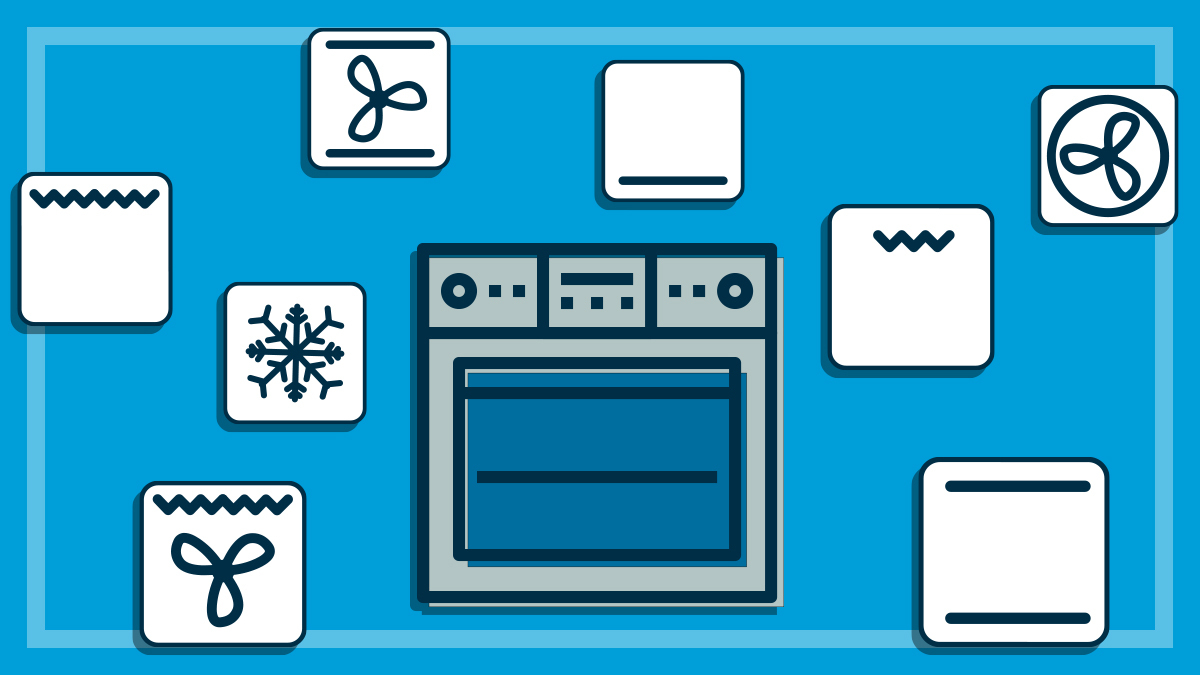 illustration of an oven surrounded by several different oven symbols