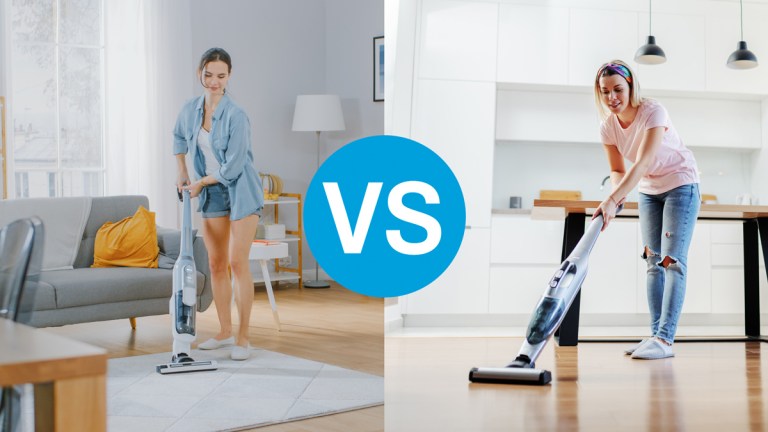 stick vacuum on wooden and carpet flooring