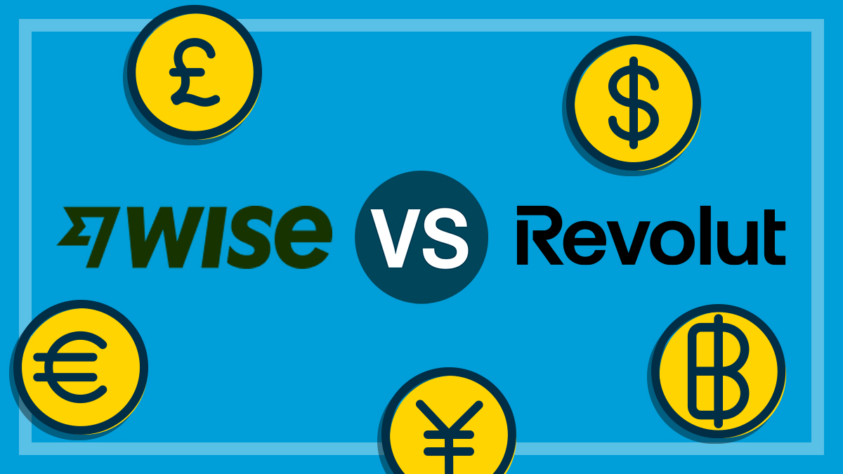 wise and revolut logos surrounded by symbols of different currencies