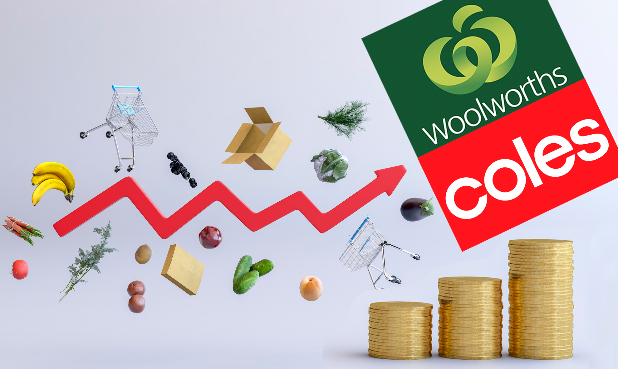 grocery price increases arrow and coins with woolworths and coles logos