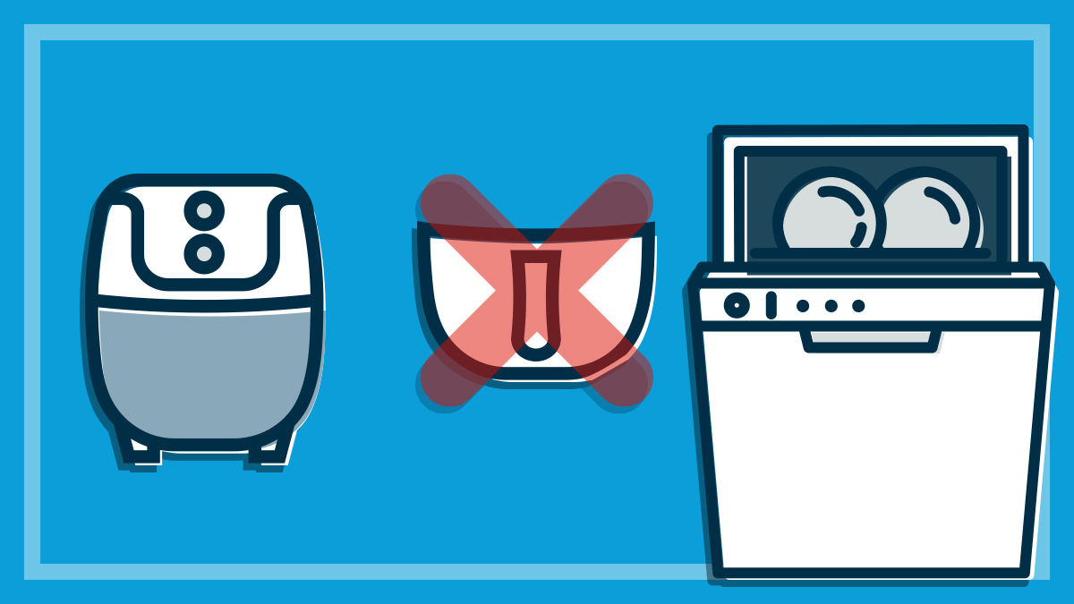 illustration of dishwasher and air fryer with basket and cross over it