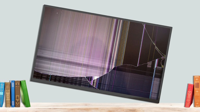 broken TV screen falls onto bookshelf