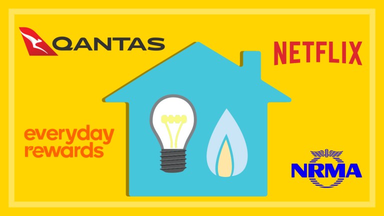 illustration of house with gas and light globe and logos of four rewards or subscription companies