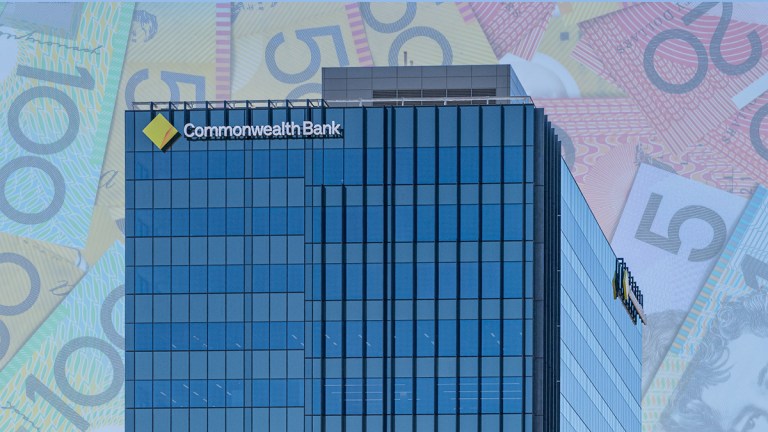 commonwealth bank building with australian banknotes in background