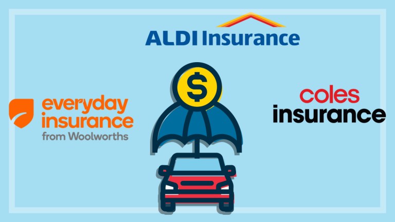 illustration of car protected by umbrella and coles aldi woolies insurance logos