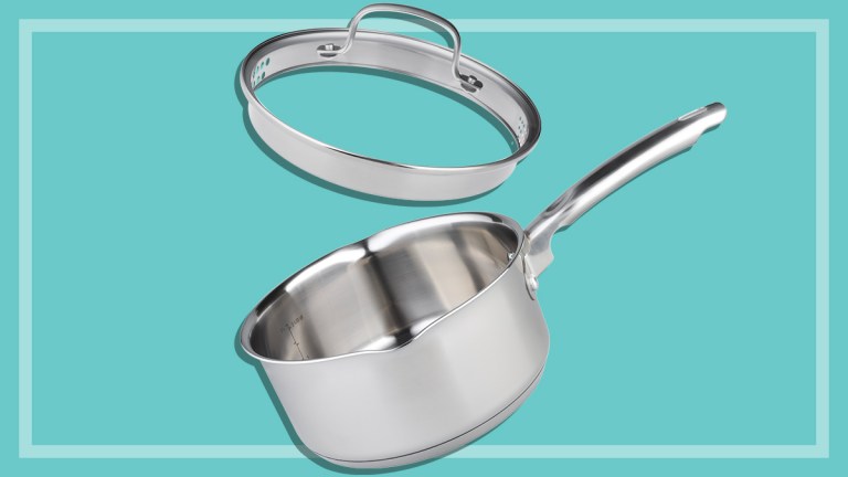 silver saucepan with lid on a teal background