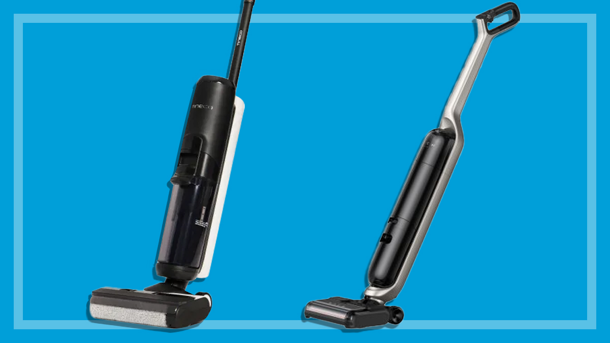 two hard floor cleaners on a blue background