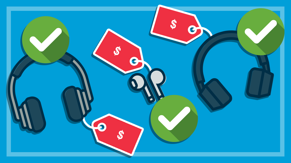 illustration of three cheap headphones and ear buds with ticks