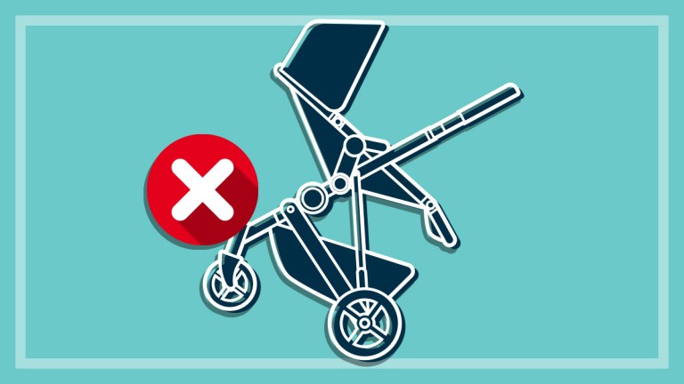 stroller illustration on teal with cross