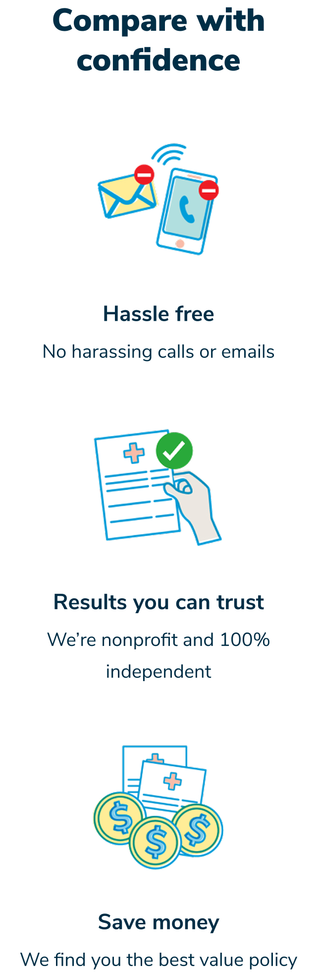 Compare health insurance with confidence. Hassle free. No harassing calls or emails.Hassle free No harassing calls or emails. Save money We find you the best value policy.