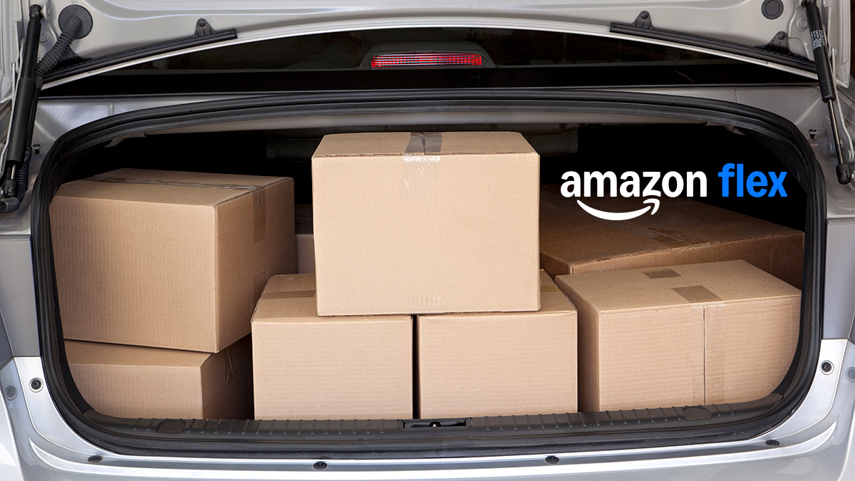 car boot full of parcels and amazon flex logo