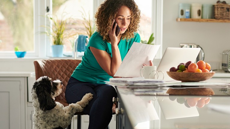 person with dog on phone discussing pet insurance
