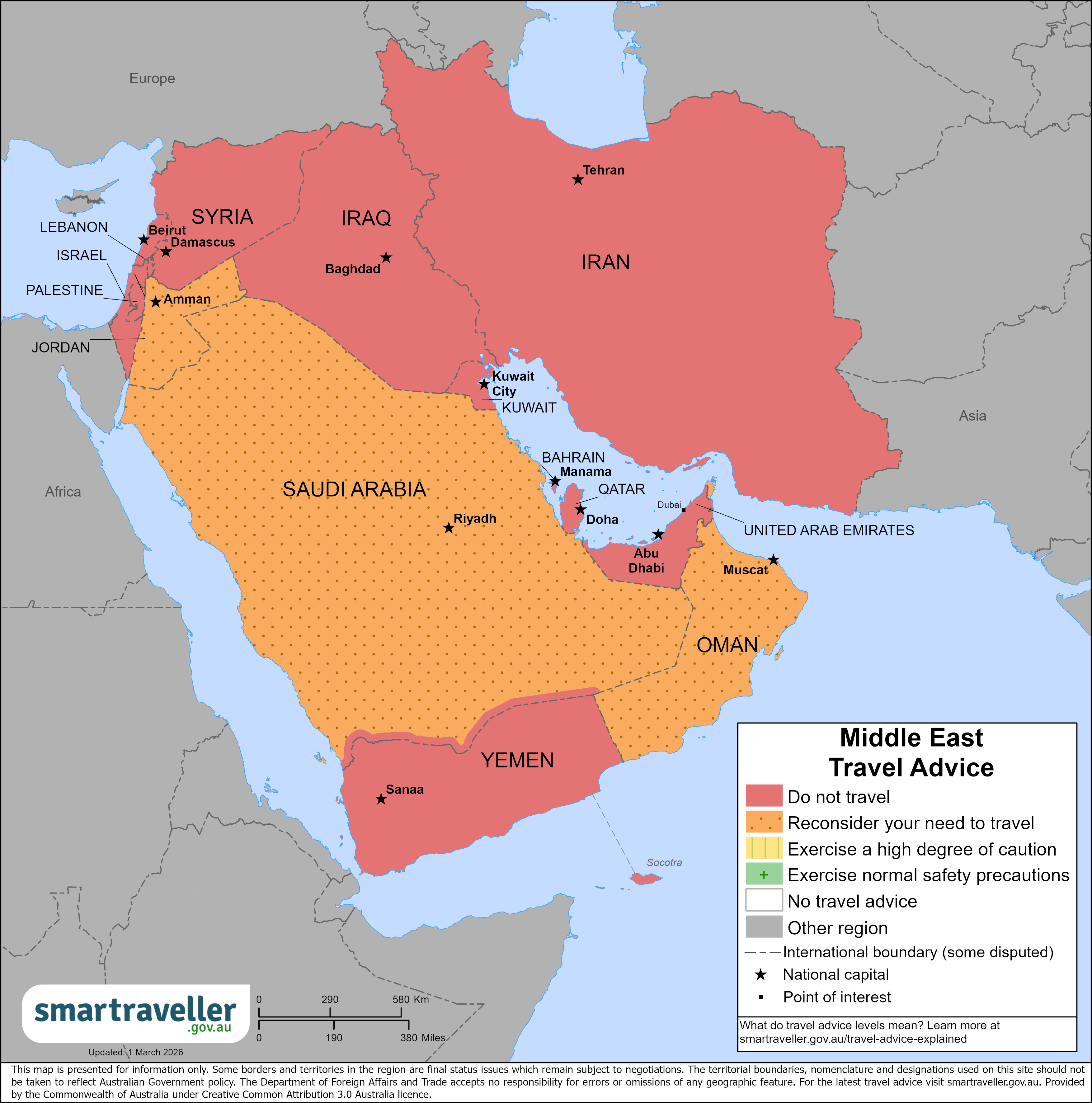 Smartraveller's advice levels for the Middle East as of 2 March 2026.