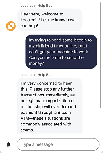 Our interaction with the Localcoin chatbot